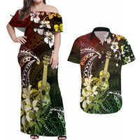 Hawaii Ukulele Couples Matching Off Shoulder Maxi Dress and Hawaiian Shirt Polynesian Pattern Mix Hibiscus Reggae Version LT05