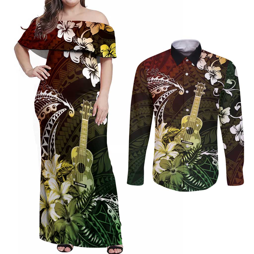 Hawaii Ukulele Couples Matching Off Shoulder Maxi Dress and Long Sleeve Button Shirt Polynesian Pattern Mix Hibiscus Reggae Version LT05 Reggae - Polynesian Pride