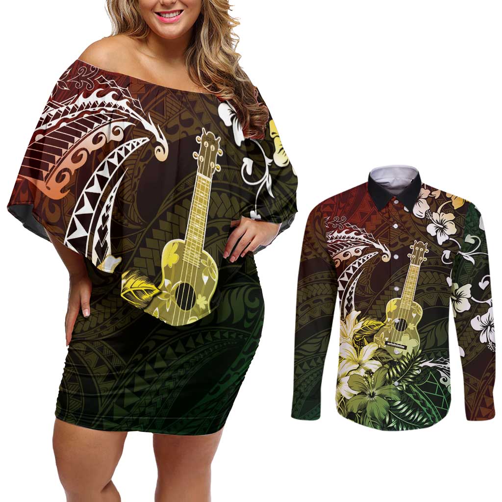 Hawaii Ukulele Couples Matching Off Shoulder Short Dress and Long Sleeve Button Shirt Polynesian Pattern Mix Hibiscus Reggae Version LT05 Reggae - Polynesian Pride