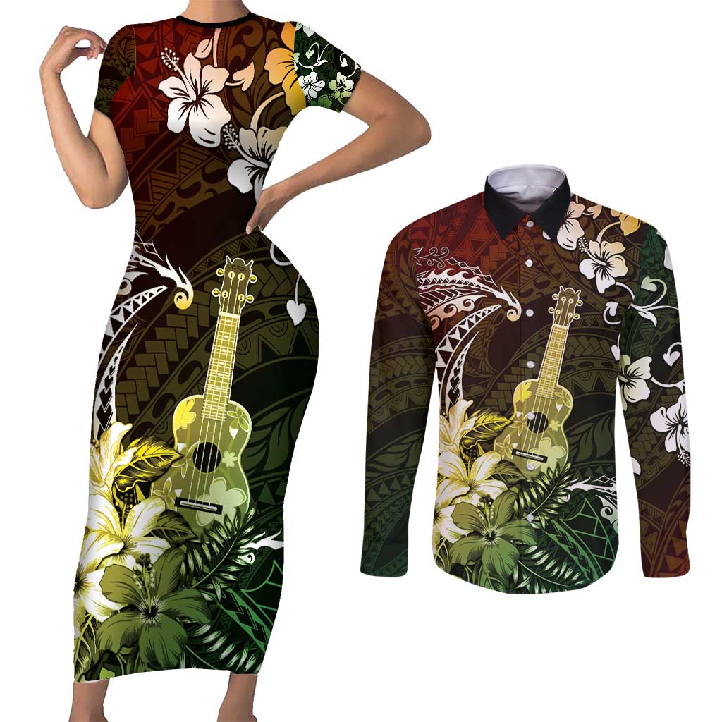 Hawaii Ukulele Couples Matching Short Sleeve Bodycon Dress and Long Sleeve Button Shirt Polynesian Pattern Mix Hibiscus Reggae Version LT05 Reggae - Polynesian Pride