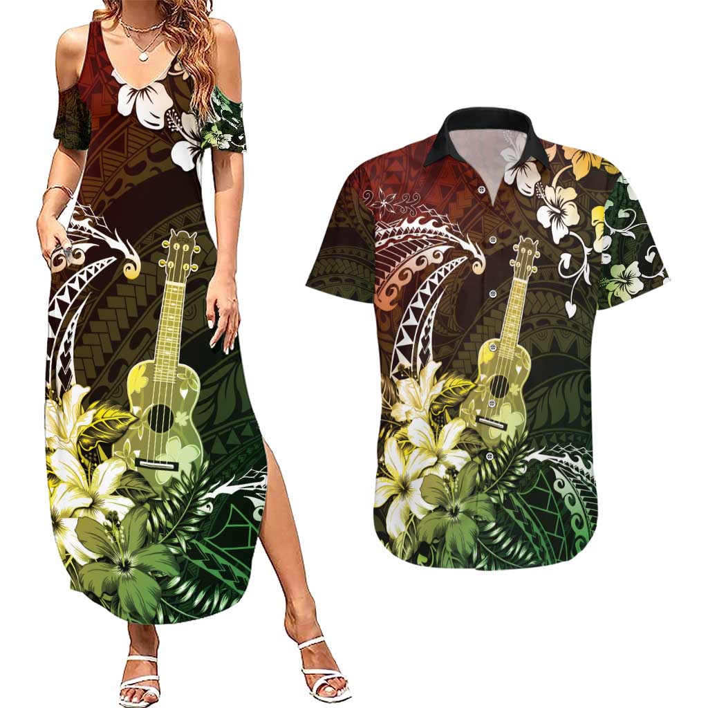 Hawaii Ukulele Couples Matching Summer Maxi Dress and Hawaiian Shirt Polynesian Pattern Mix Hibiscus Reggae Version LT05