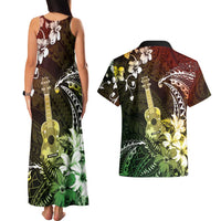 Hawaii Ukulele Couples Matching Tank Maxi Dress and Hawaiian Shirt Polynesian Pattern Mix Hibiscus Reggae Version LT05