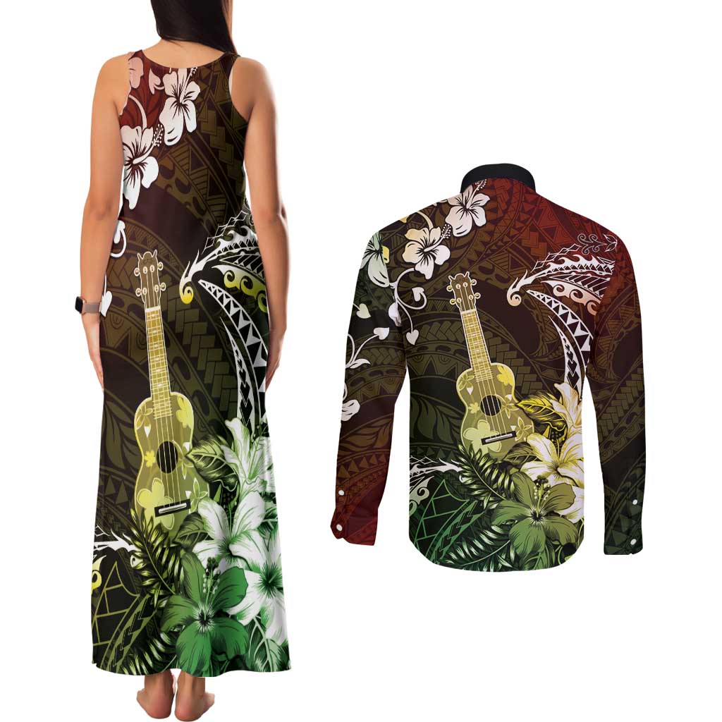 Hawaii Ukulele Couples Matching Tank Maxi Dress and Long Sleeve Button Shirt Polynesian Pattern Mix Hibiscus Reggae Version LT05