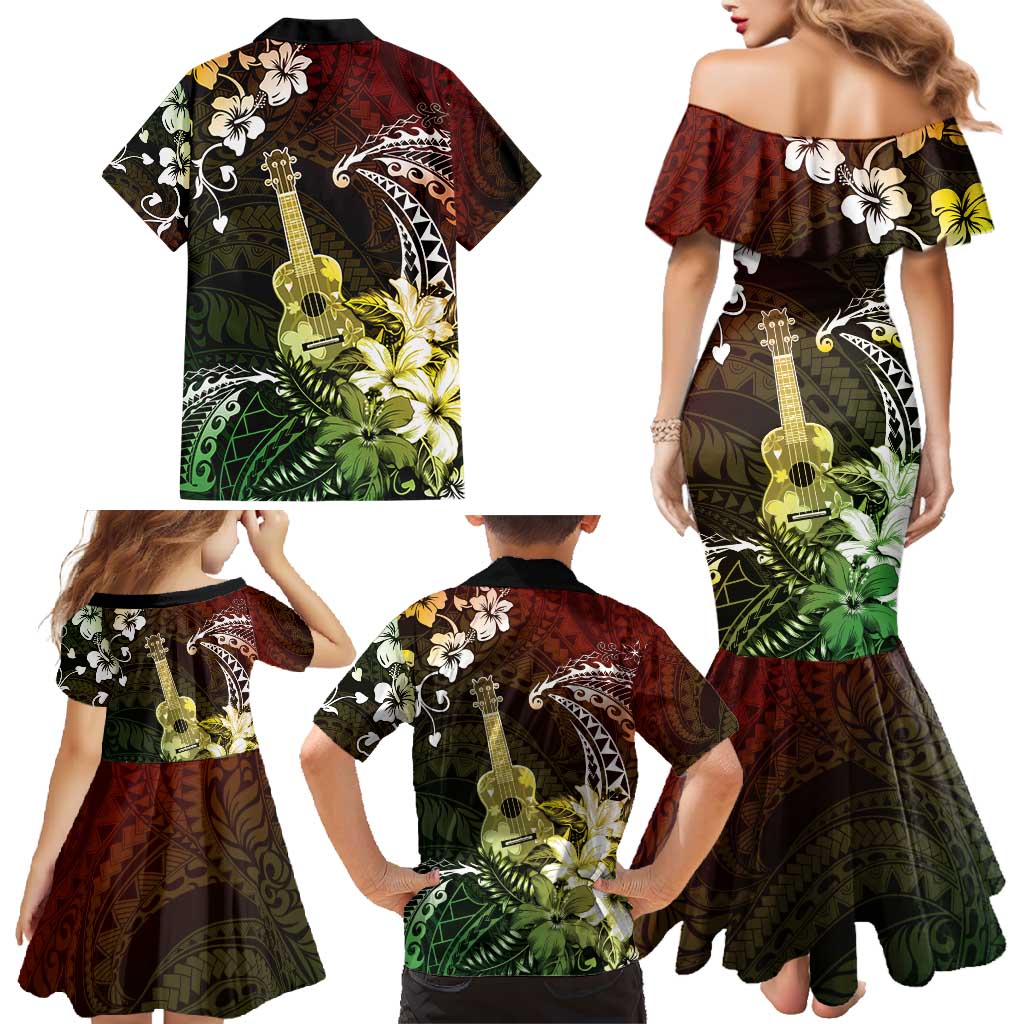 Hawaii Ukulele Family Matching Mermaid Dress and Hawaiian Shirt Polynesian Pattern Mix Hibiscus Reggae Version LT05