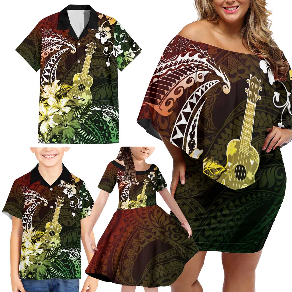 Hawaii Ukulele Family Matching Off Shoulder Short Dress and Hawaiian Shirt Polynesian Pattern Mix Hibiscus Reggae Version LT05 - Polynesian Pride