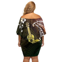 Hawaii Ukulele Family Matching Off Shoulder Short Dress and Hawaiian Shirt Polynesian Pattern Mix Hibiscus Reggae Version LT05