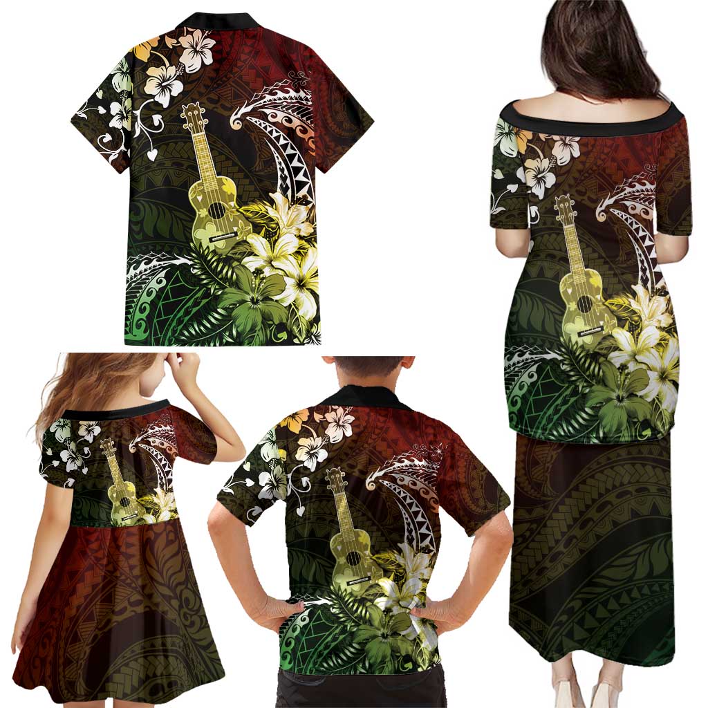 Hawaii Ukulele Family Matching Puletasi and Hawaiian Shirt Polynesian Pattern Mix Hibiscus Reggae Version LT05