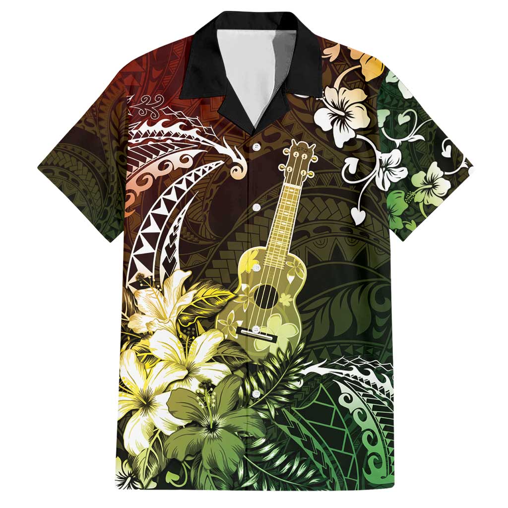 Hawaii Ukulele Family Matching Short Sleeve Bodycon Dress and Hawaiian Shirt Polynesian Pattern Mix Hibiscus Reggae Version LT05
