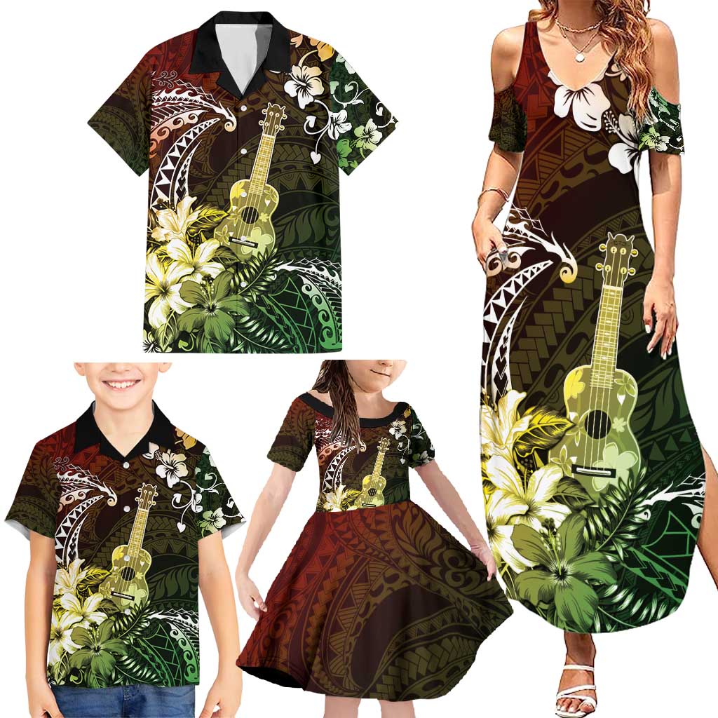 Hawaii Ukulele Family Matching Summer Maxi Dress and Hawaiian Shirt Polynesian Pattern Mix Hibiscus Reggae Version LT05 - Polynesian Pride