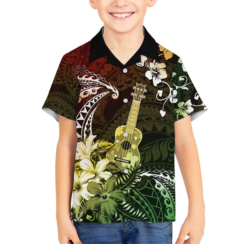 Hawaii Ukulele Kid Hawaiian Shirt Polynesian Pattern Mix Hibiscus Reggae Version LT05