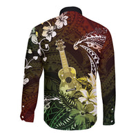 Hawaii Ukulele Long Sleeve Button Shirt Polynesian Pattern Mix Hibiscus Reggae Version LT05