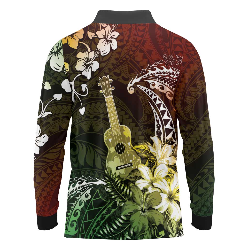 Hawaii Ukulele Long Sleeve Polo Shirt Polynesian Pattern Mix Hibiscus Reggae Version LT05