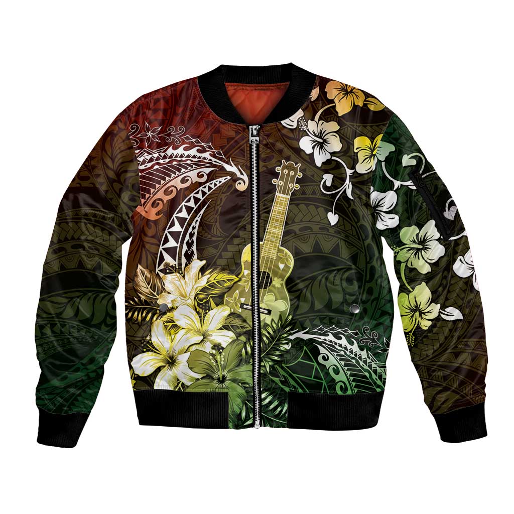 Hawaii Ukulele Sleeve Zip Bomber Jacket Polynesian Pattern Mix Hibiscus Reggae Version LT05 Unisex Reggae - Polynesian Pride