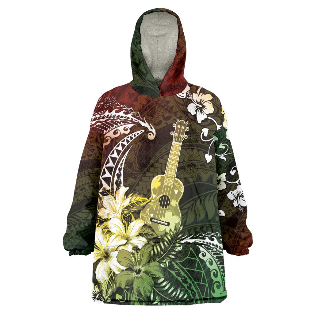 Hawaii Ukulele Wearable Blanket Hoodie Polynesian Pattern Mix Hibiscus Reggae Version LT05 One Size Reggae - Polynesian Pride