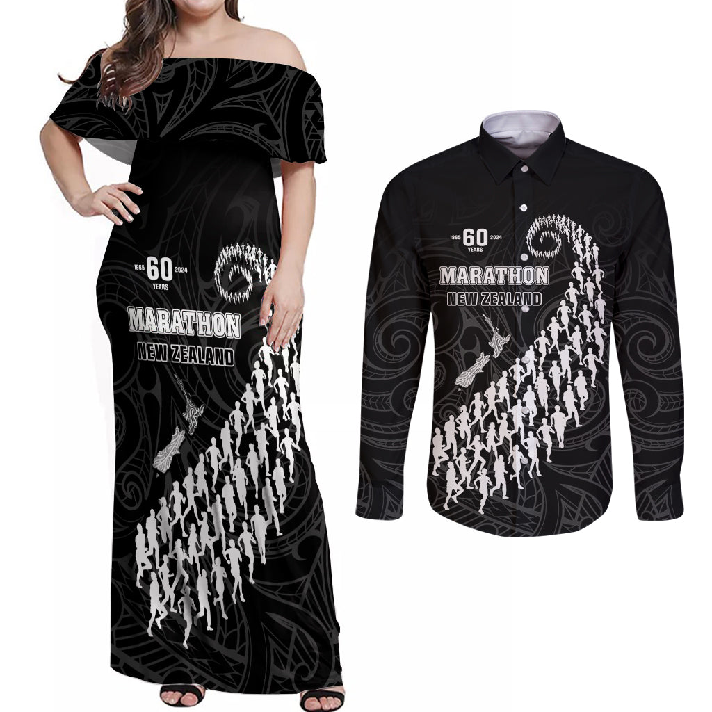 Custom New Zealand Marathon Couples Matching Off Shoulder Maxi Dress and Long Sleeve Button Shirt Maori Style LT05 Black - Polynesian Pride