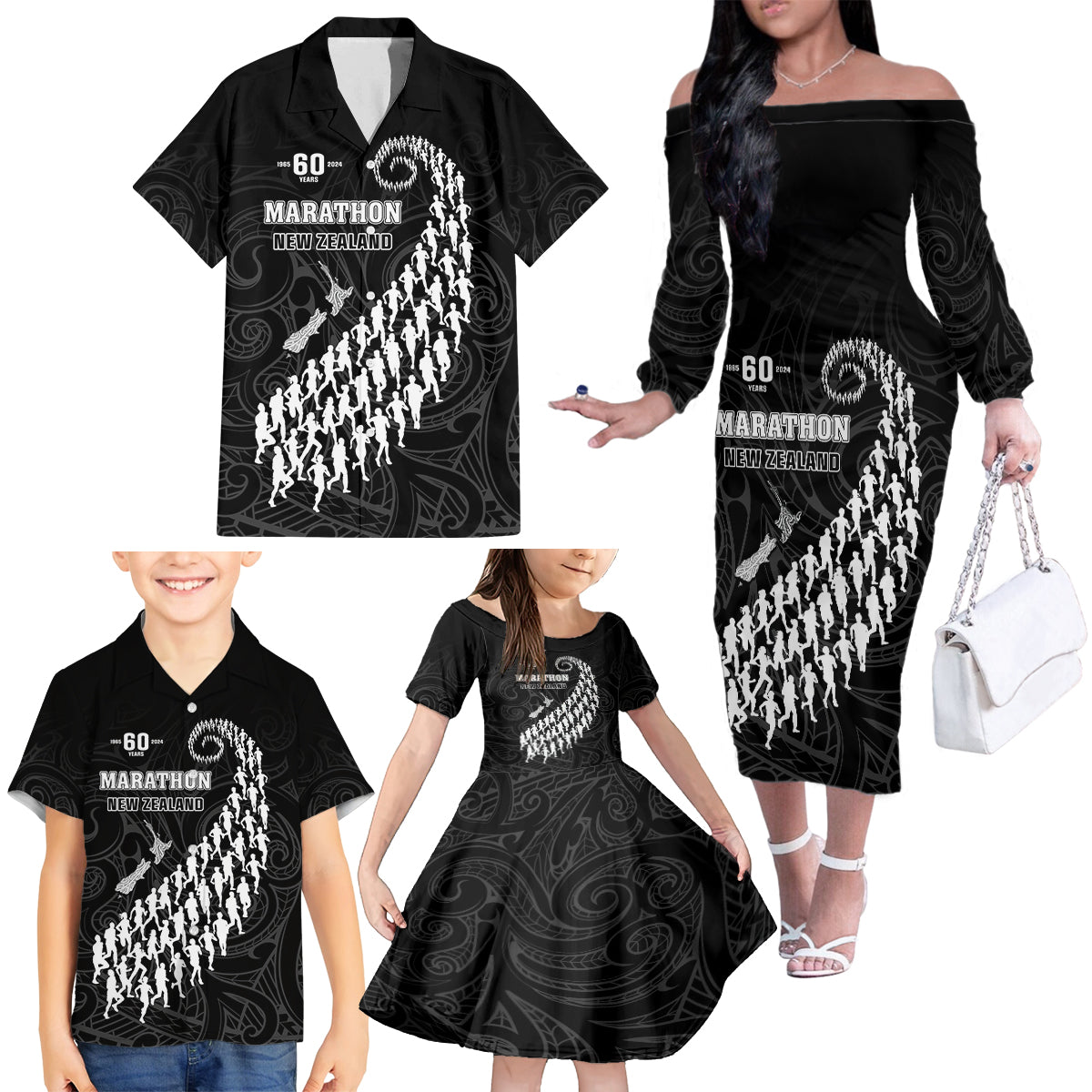 Custom New Zealand Marathon Family Matching Off The Shoulder Long Sleeve Dress and Hawaiian Shirt Maori Style LT05 - Polynesian Pride