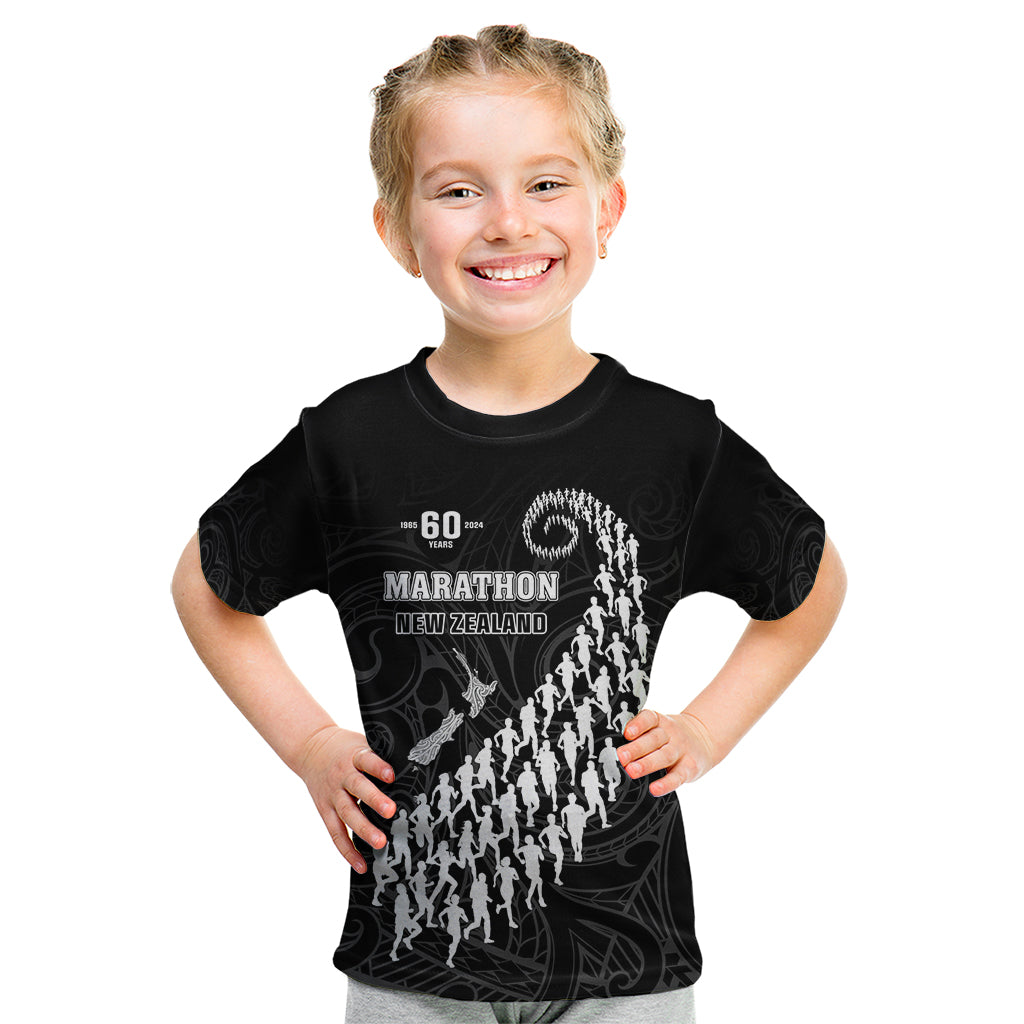 Custom New Zealand Marathon Kid T Shirt Maori Style LT05 Black - Polynesian Pride