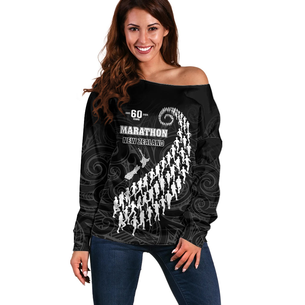 Custom New Zealand Marathon Off Shoulder Sweater Maori Style LT05 Women Black - Polynesian Pride