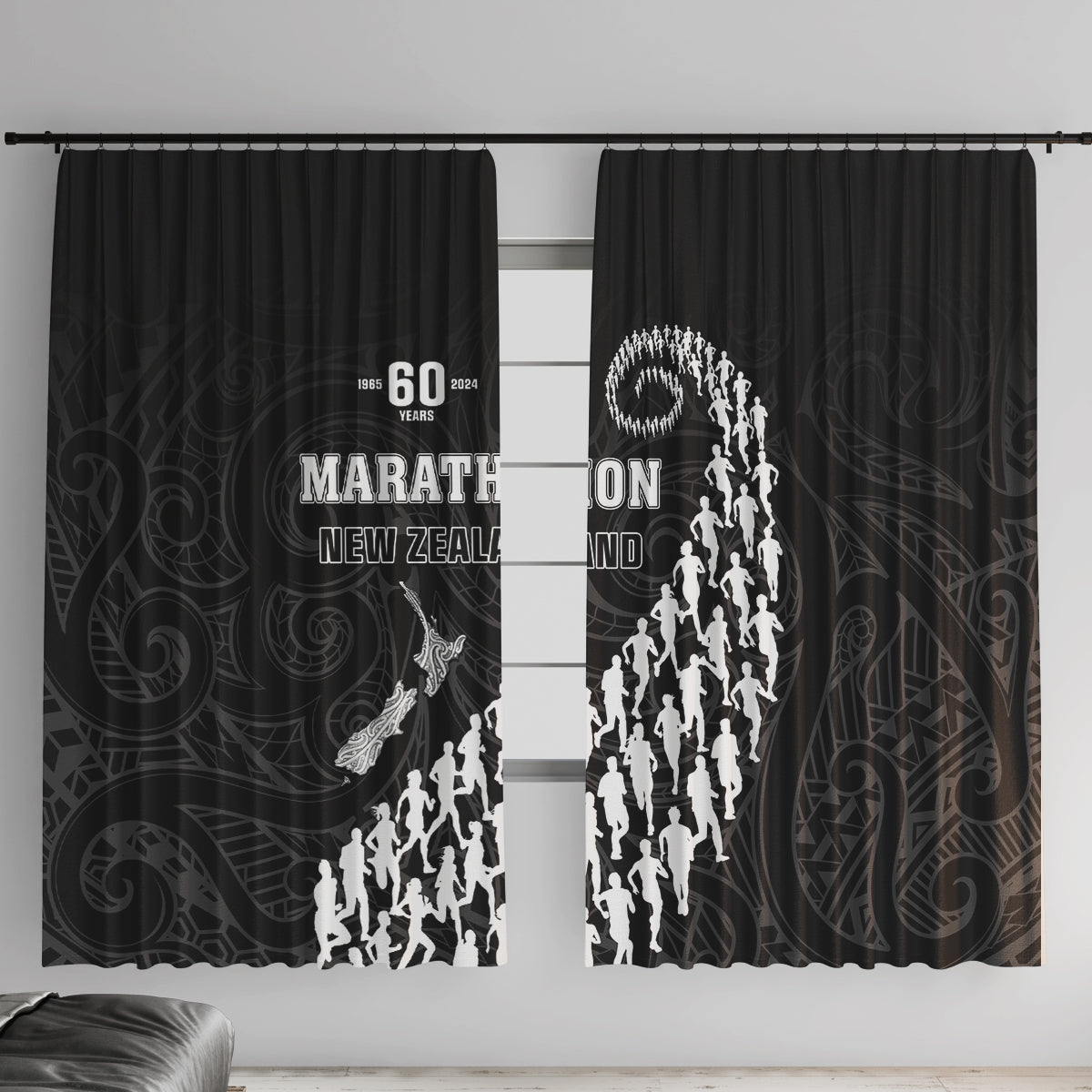New Zealand Marathon Window Curtain Maori Style LT05 With Hooks Black - Polynesian Pride
