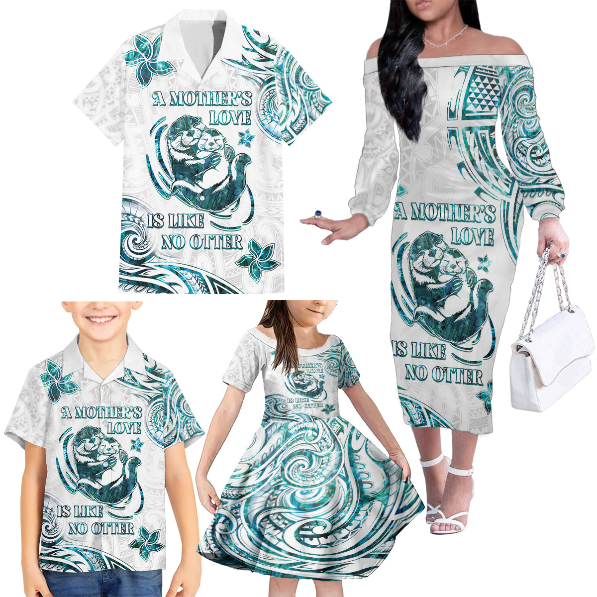 New Zealand Aotearoa Hari Ra Mama Family Matching Off The Shoulder Long Sleeve Dress and Hawaiian Shirt A Mother's Love Is Like No Otter LT05 - Polynesian Pride