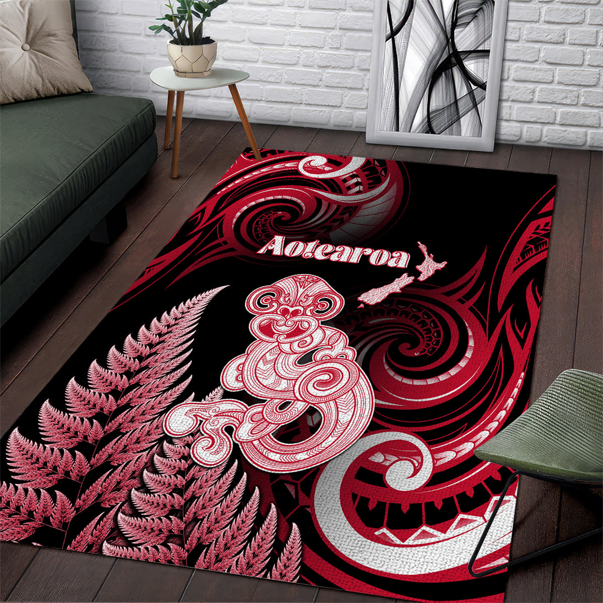 New Zealand Maori Taniwha Area Rug Silver Fern Red Version