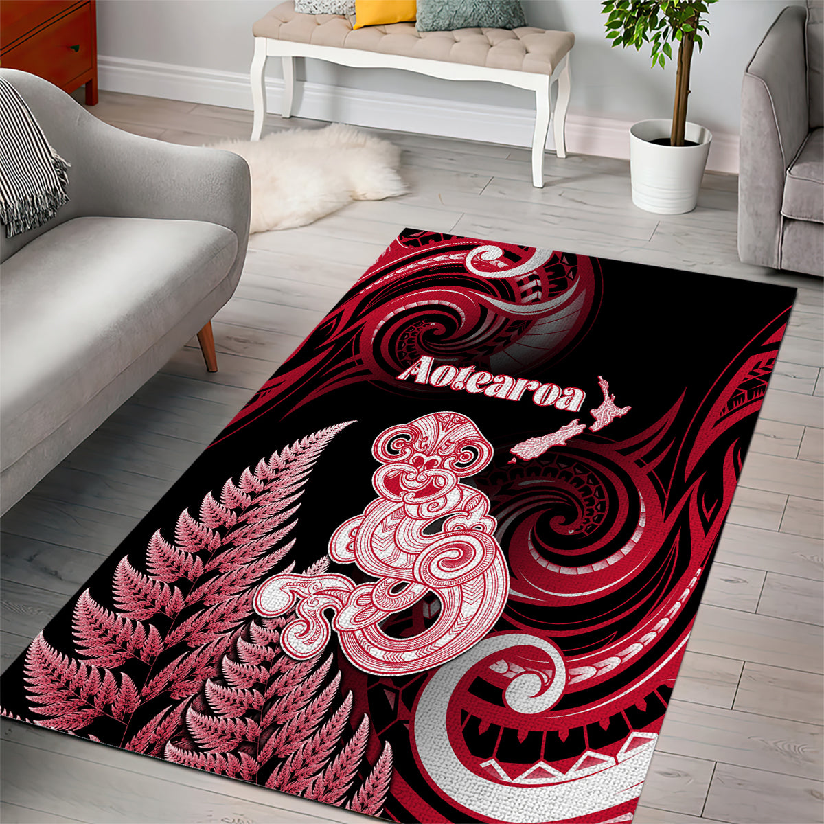 New Zealand Maori Taniwha Area Rug Silver Fern Red Version