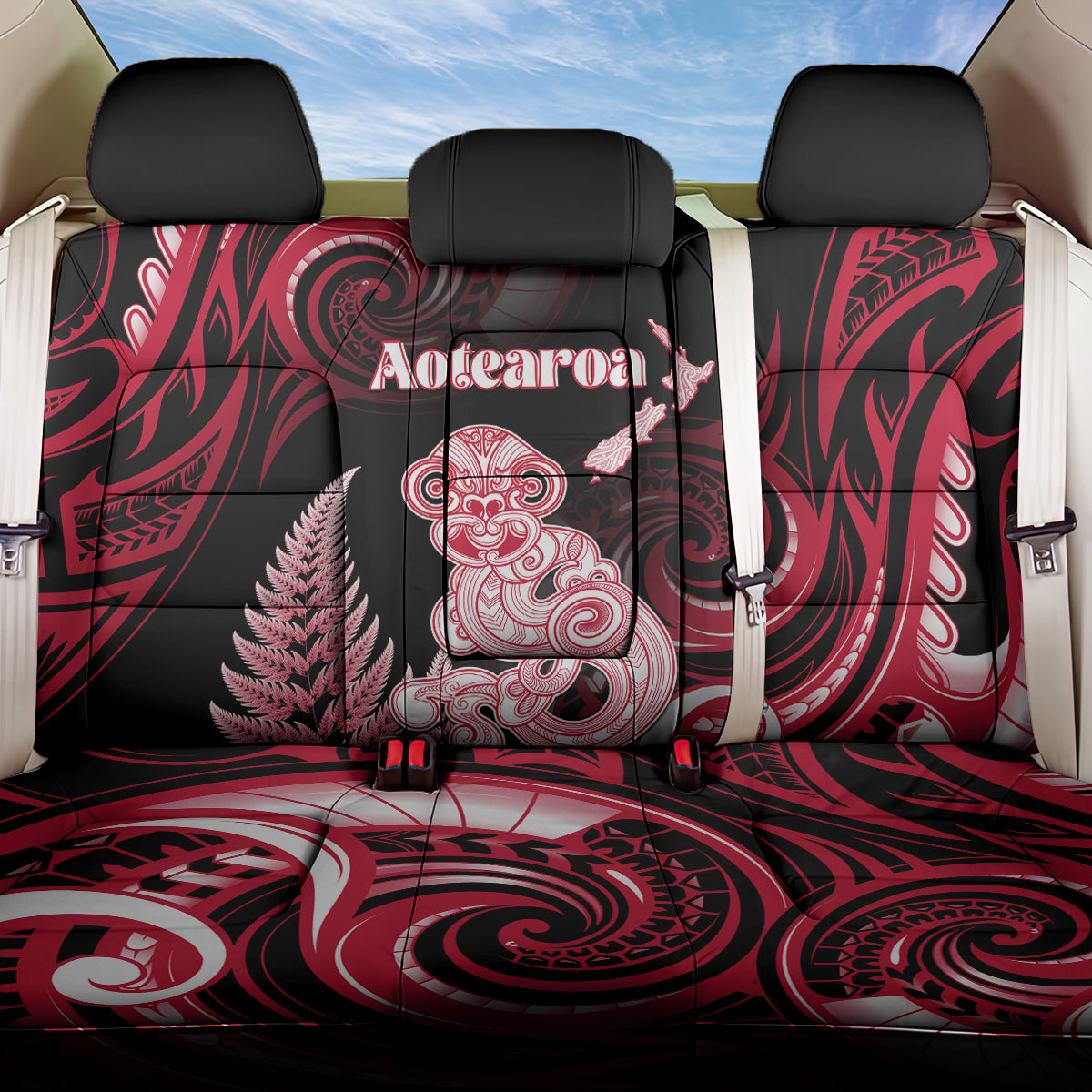 New Zealand Maori Taniwha Back Car Seat Cover Silver Fern Red Version
