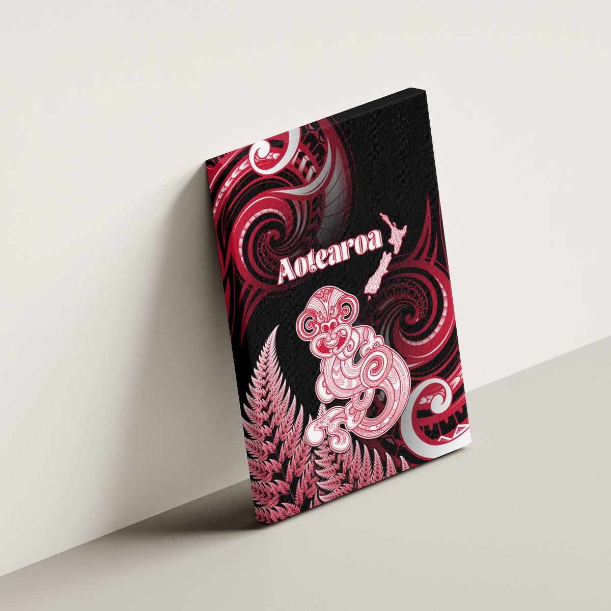 New Zealand Maori Taniwha Canvas Wall Art Silver Fern Red Version