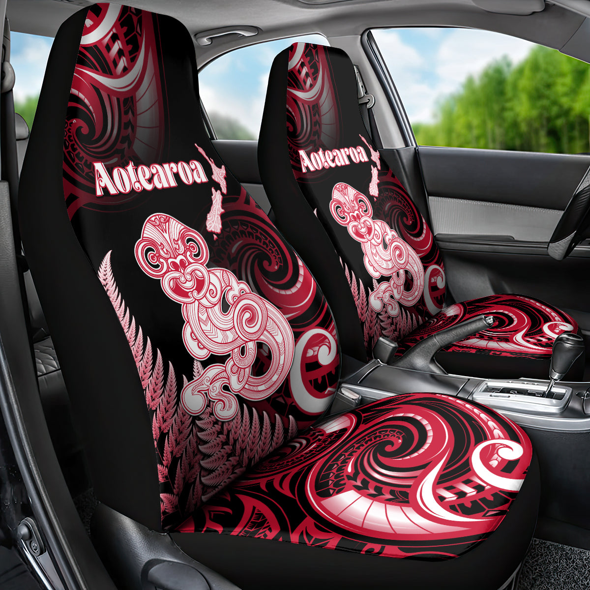 New Zealand Maori Taniwha Car Seat Cover Silver Fern Red Version