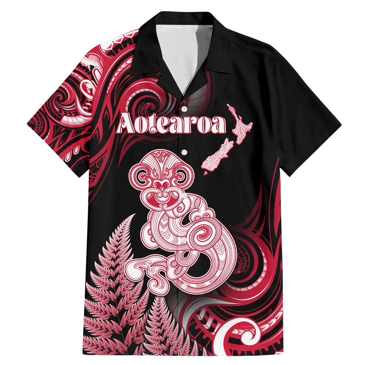 Personalised New Zealand Maori Taniwha Family Matching Mermaid Dress and Hawaiian Shirt Silver Fern Red Version