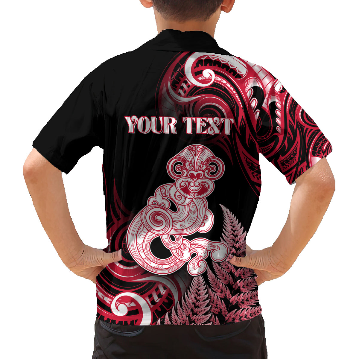 Personalised New Zealand Maori Taniwha Family Matching Puletasi and Hawaiian Shirt Silver Fern Red Version