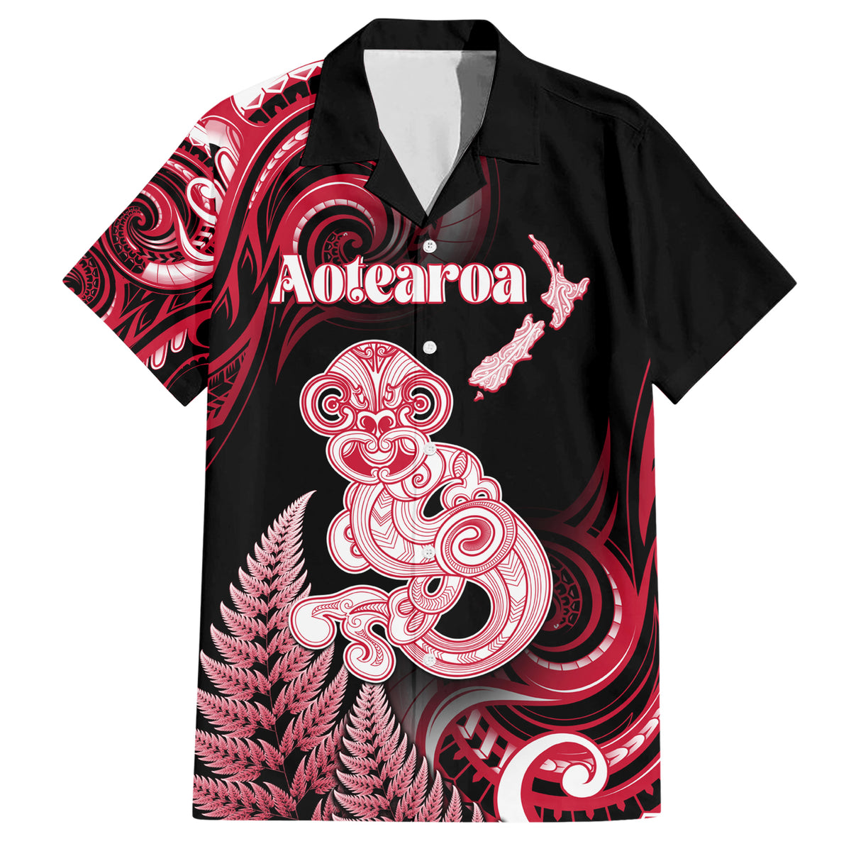 Personalised New Zealand Maori Taniwha Family Matching Short Sleeve Bodycon Dress and Hawaiian Shirt Silver Fern Red Version