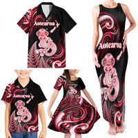Personalised New Zealand Maori Taniwha Family Matching Tank Maxi Dress and Hawaiian Shirt Silver Fern Red Version