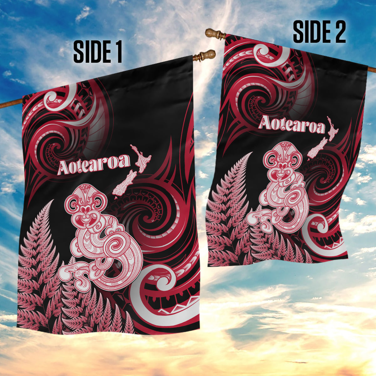 New Zealand Maori Taniwha Garden Flag Silver Fern Red Version