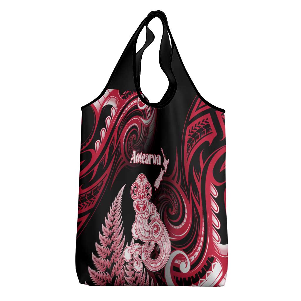 New Zealand Maori Taniwha Grocery Bag Silver Fern Red Version