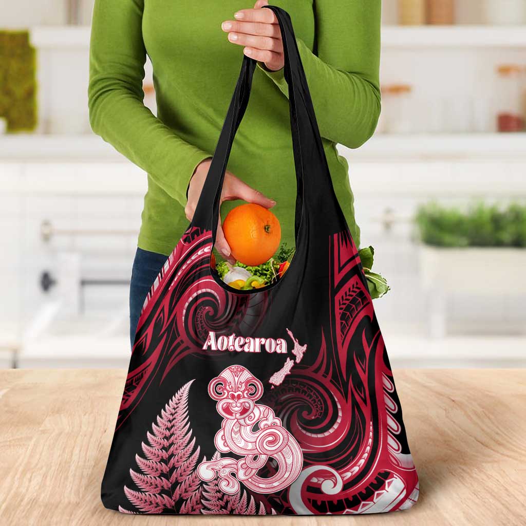 New Zealand Maori Taniwha Grocery Bag Silver Fern Red Version