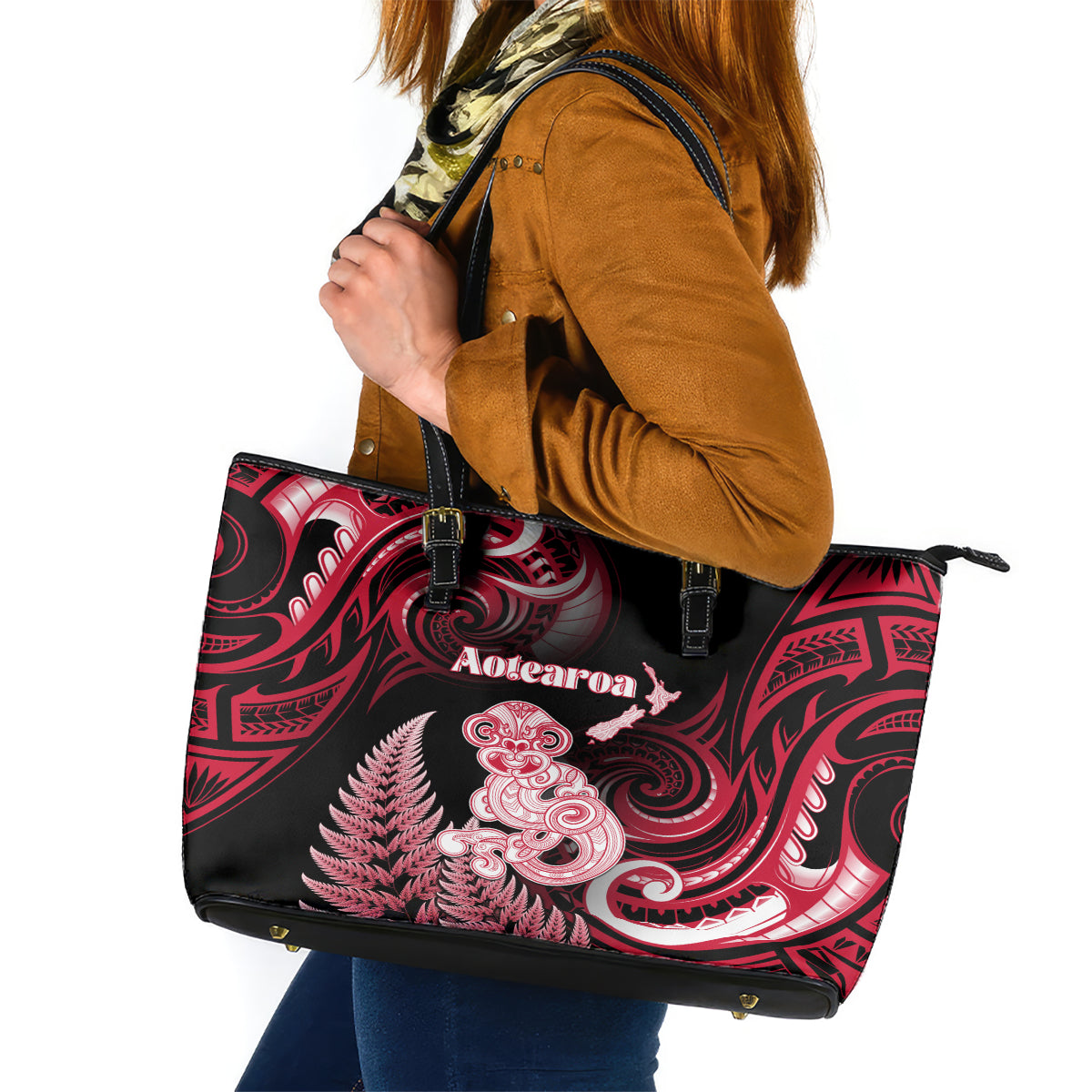 New Zealand Maori Taniwha Leather Tote Bag Silver Fern Red Version