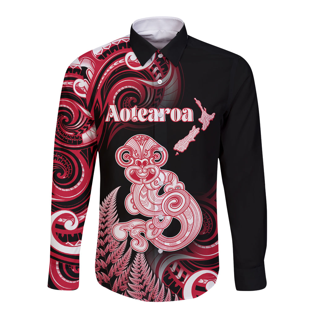 Personalised New Zealand Maori Taniwha Long Sleeve Button Shirt Silver Fern Red Version LT05 Unisex Red - Polynesian Pride