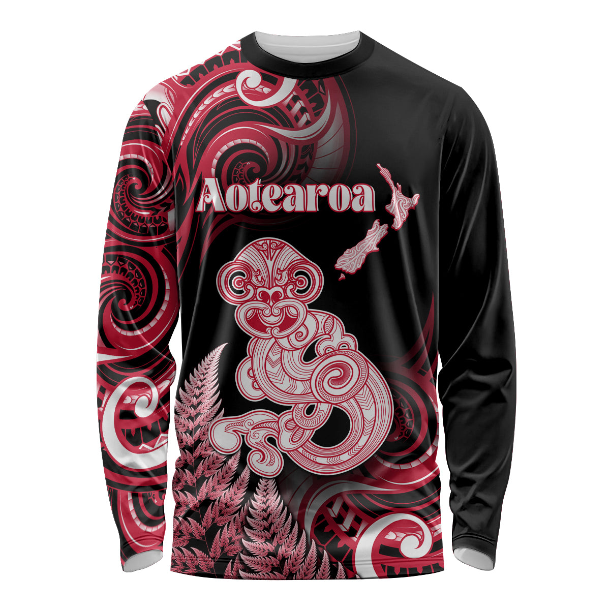Personalised New Zealand Maori Taniwha Long Sleeve Shirt Silver Fern Red Version LT05 Unisex Red - Polynesian Pride