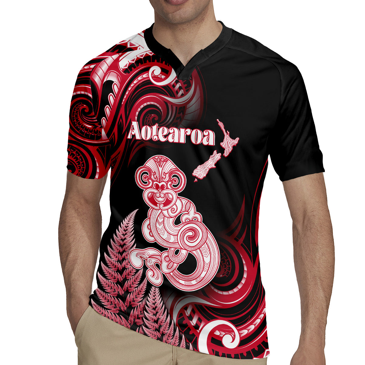 Personalised New Zealand Maori Taniwha Rugby Jersey Silver Fern Red Version