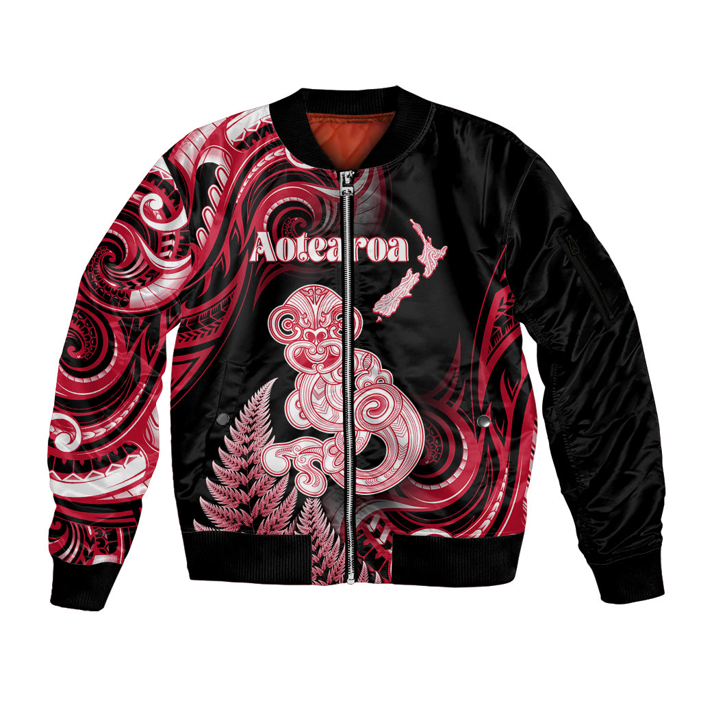 Personalised New Zealand Maori Taniwha Sleeve Zip Bomber Jacket Silver Fern Red Version LT05 Unisex Red - Polynesian Pride