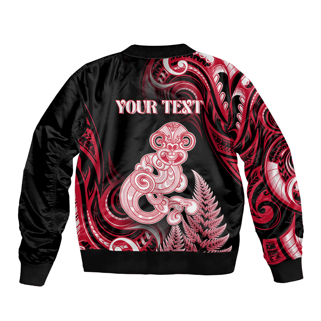 Personalised New Zealand Maori Taniwha Sleeve Zip Bomber Jacket Silver Fern Red Version