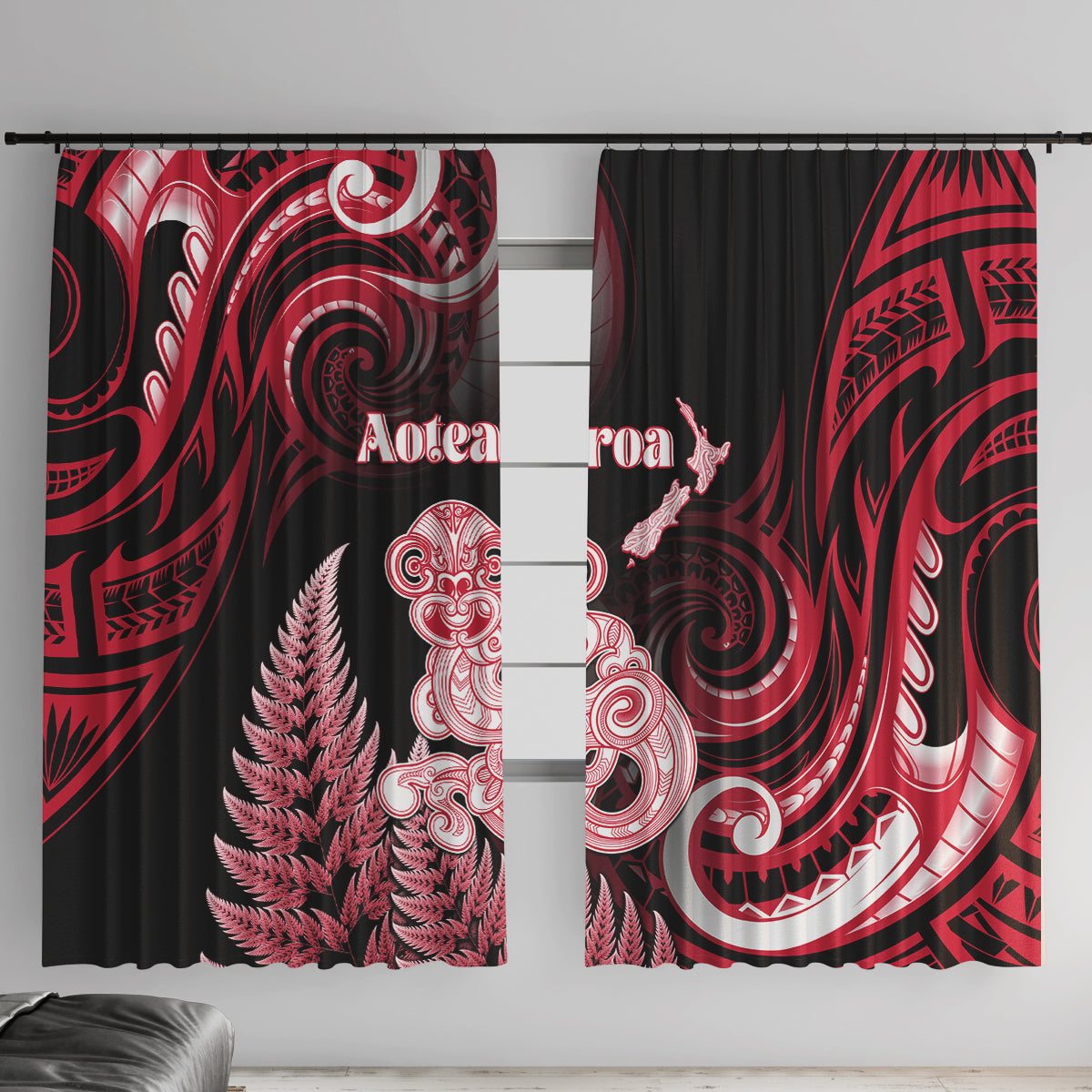 New Zealand Maori Taniwha Window Curtain Silver Fern Red Version