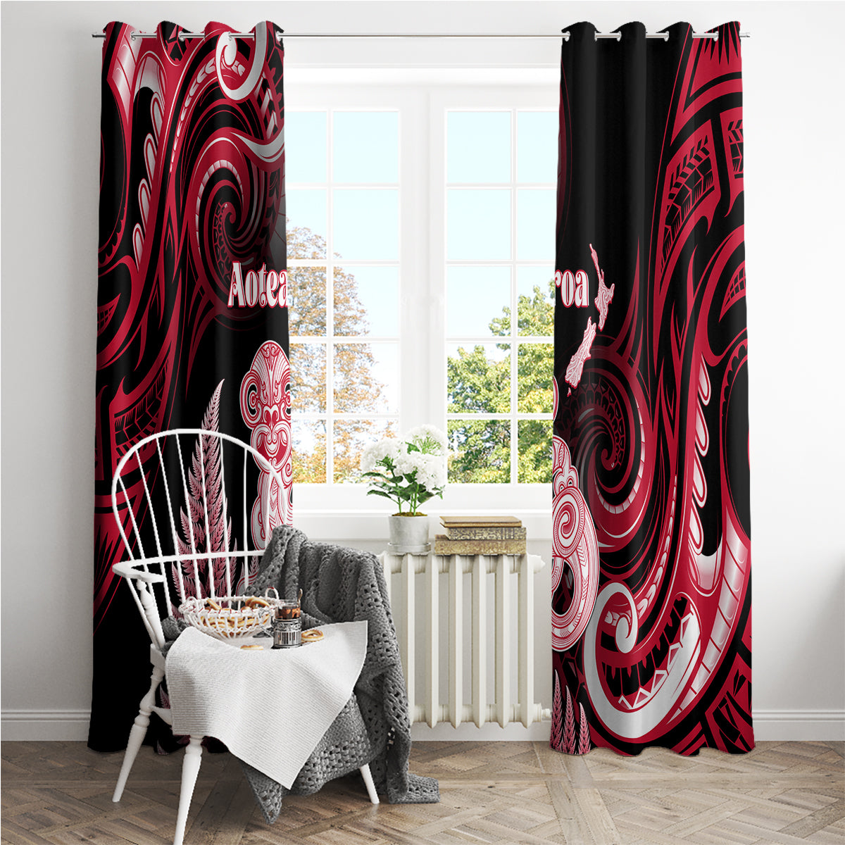 New Zealand Maori Taniwha Window Curtain Silver Fern Red Version