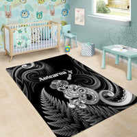 New Zealand Maori Taniwha Area Rug Silver Fern Black Version
