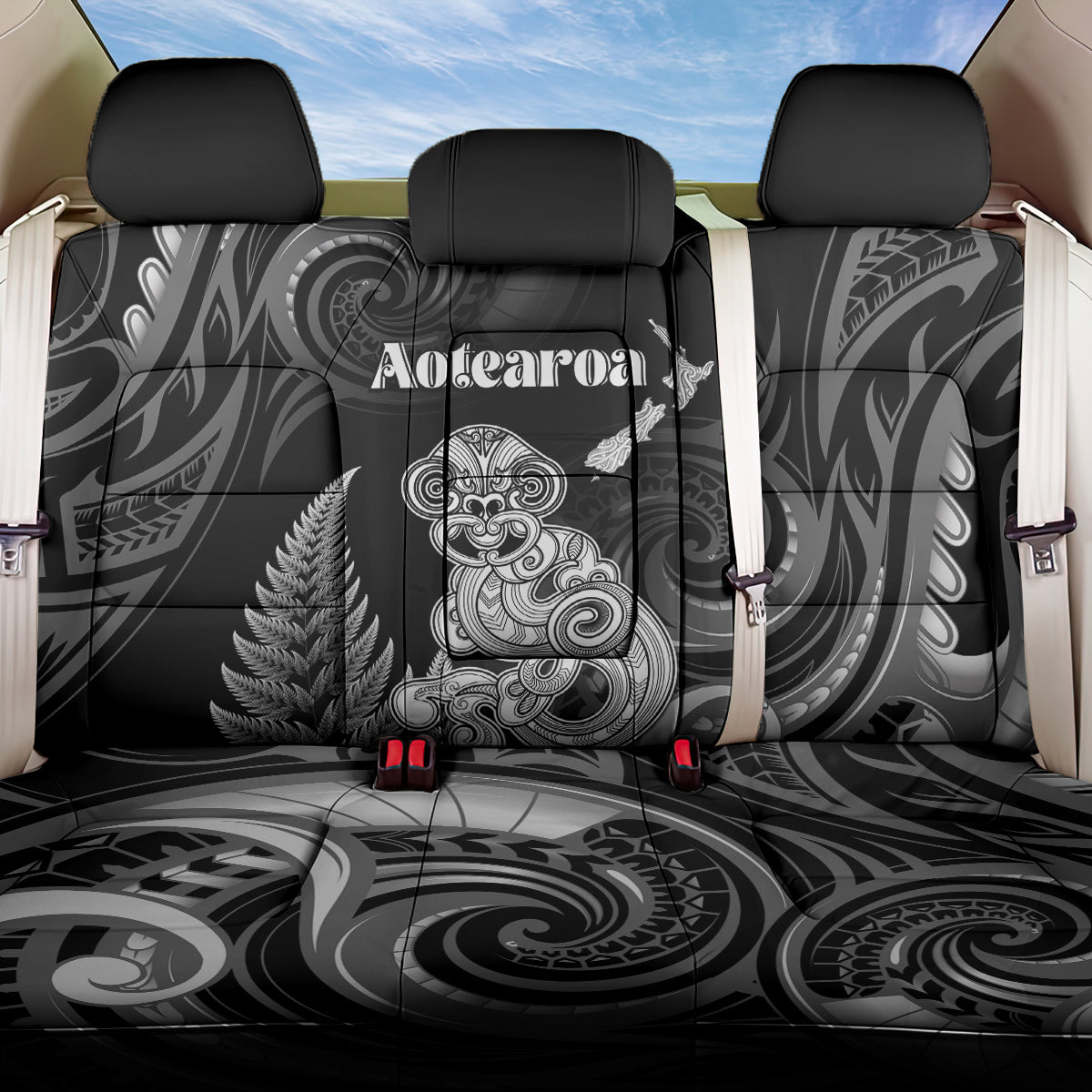 New Zealand Maori Taniwha Back Car Seat Cover Silver Fern Black Version