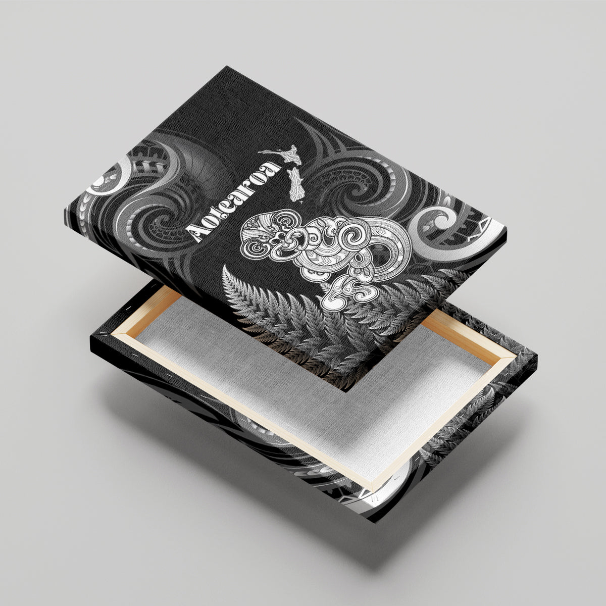 New Zealand Maori Taniwha Canvas Wall Art Silver Fern Black Version