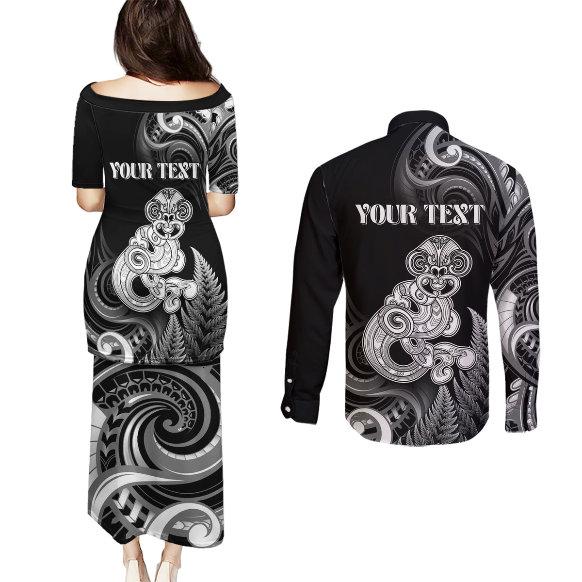 Personalised New Zealand Maori Taniwha Couples Matching Puletasi and Long Sleeve Button Shirt Silver Fern Black Version