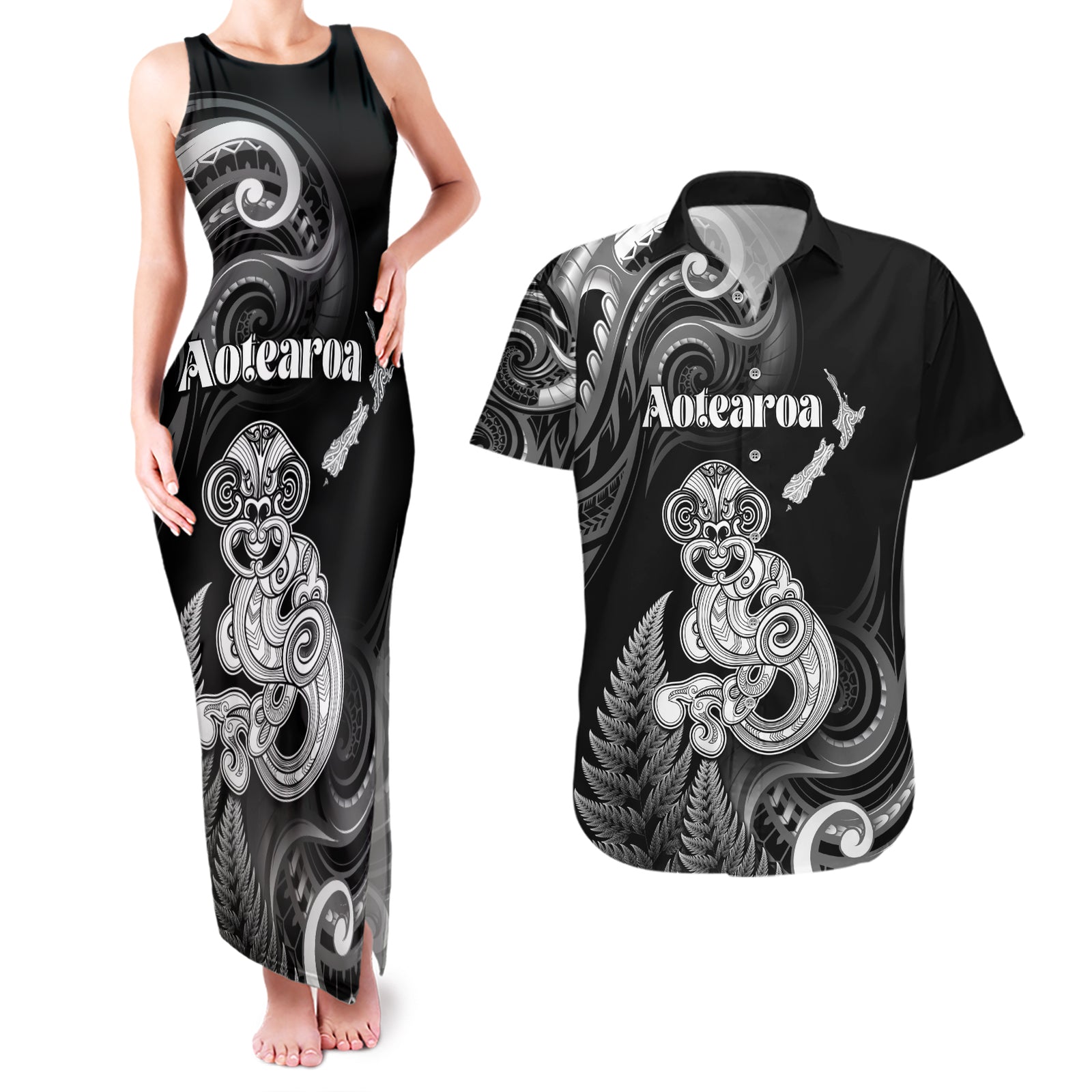 Personalised New Zealand Maori Taniwha Couples Matching Tank Maxi Dress and Hawaiian Shirt Silver Fern Black Version LT05 Black - Polynesian Pride