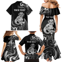 Personalised New Zealand Maori Taniwha Family Matching Mermaid Dress and Hawaiian Shirt Silver Fern Black Version